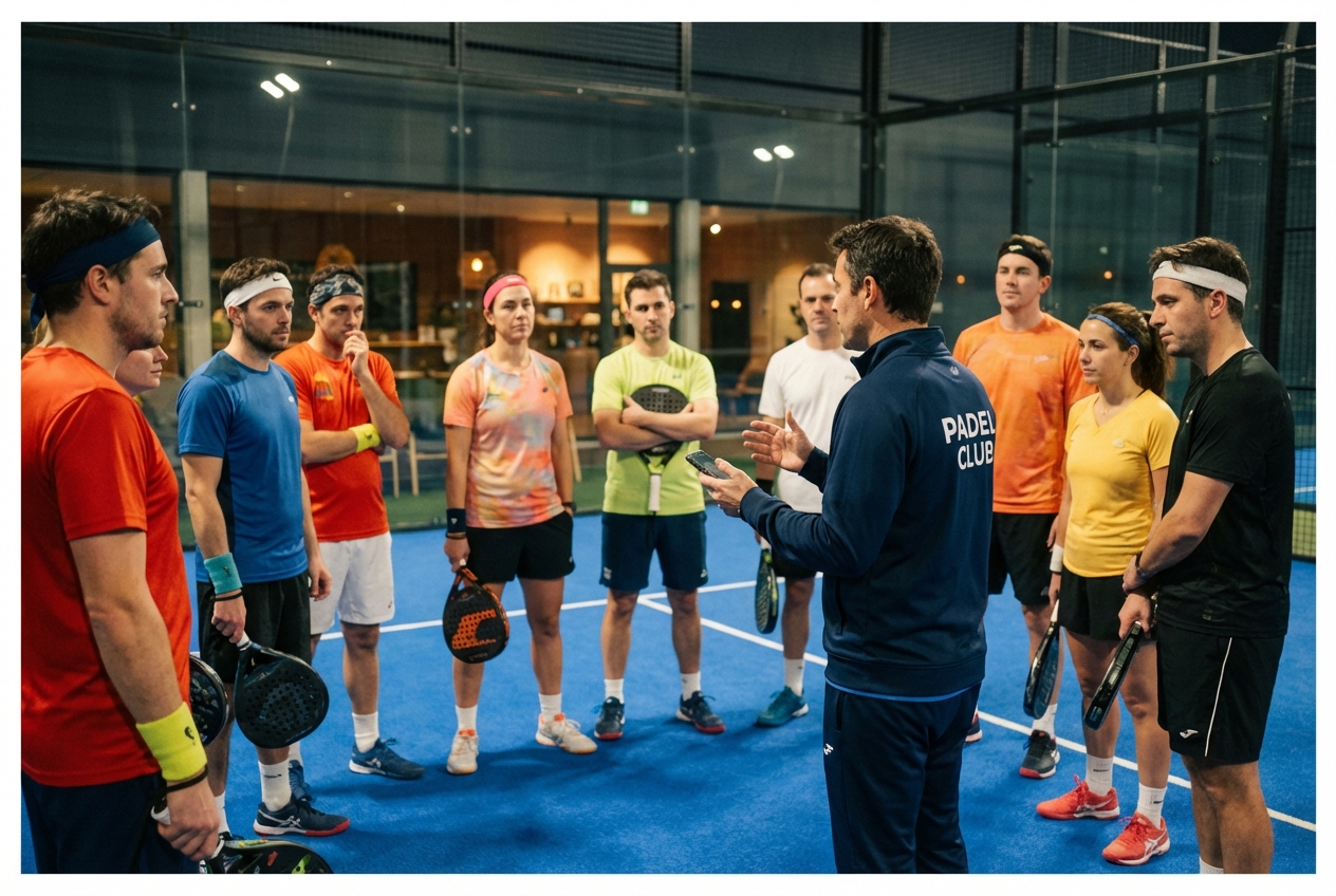 Group of padel players listening to the organiser's briefing before an Americano tournament