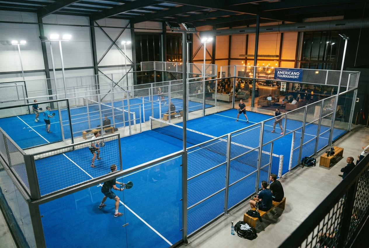 Overview of an Americano padel tournament in progress at an indoor club