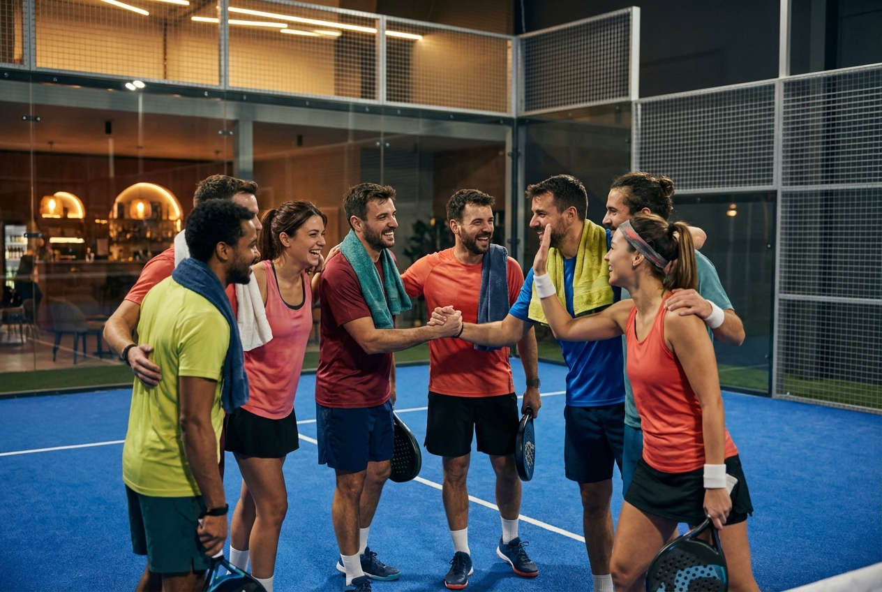 Smiling padel players after an Americano tournament, friendly atmosphere at the club