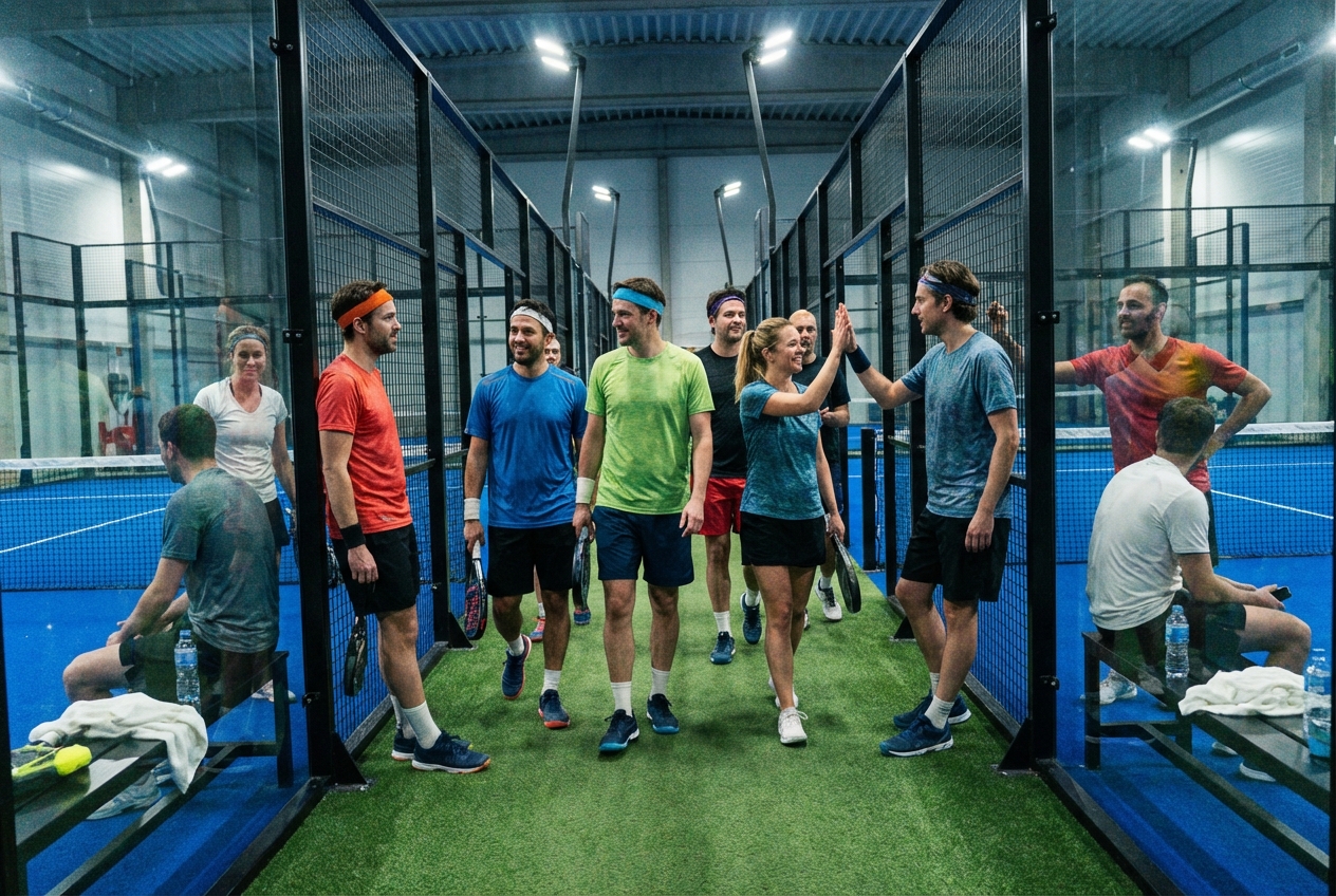 Group of padel players rotating on an indoor court, social club atmosphere with LED lighting