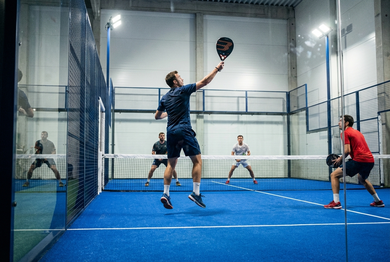 Intense padel match between four players, competitive atmosphere under LED lighting