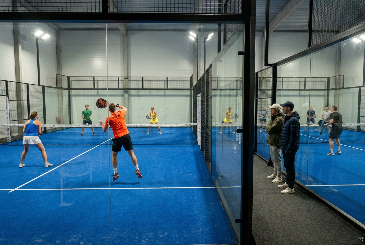 Turnamen mexicano padel di klub indoor dengan pemain beraksi di dua lapangan