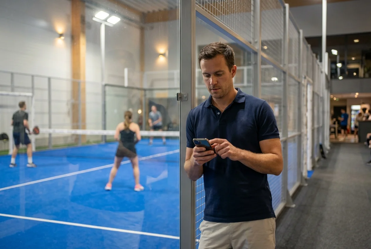 Americano padel tournament organizer entering scores on a smartphone next to the court