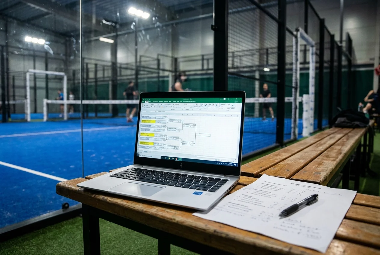Laptop with an Americano padel tournament Excel spreadsheet placed on a bench next to an indoor padel court