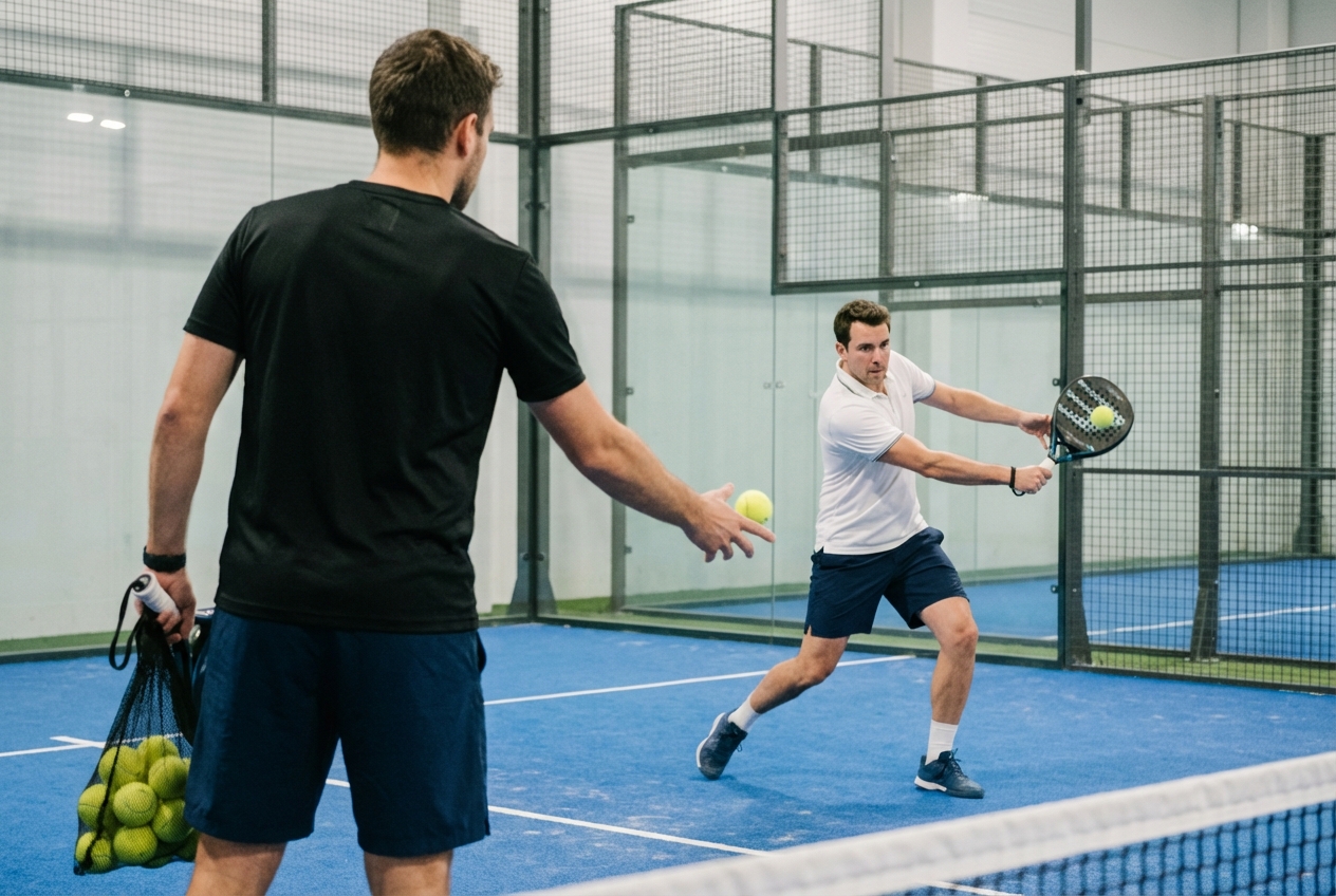 Basket feed drill in padel: the feeder sends the ball from the net, the partner works their forehand on an indoor court