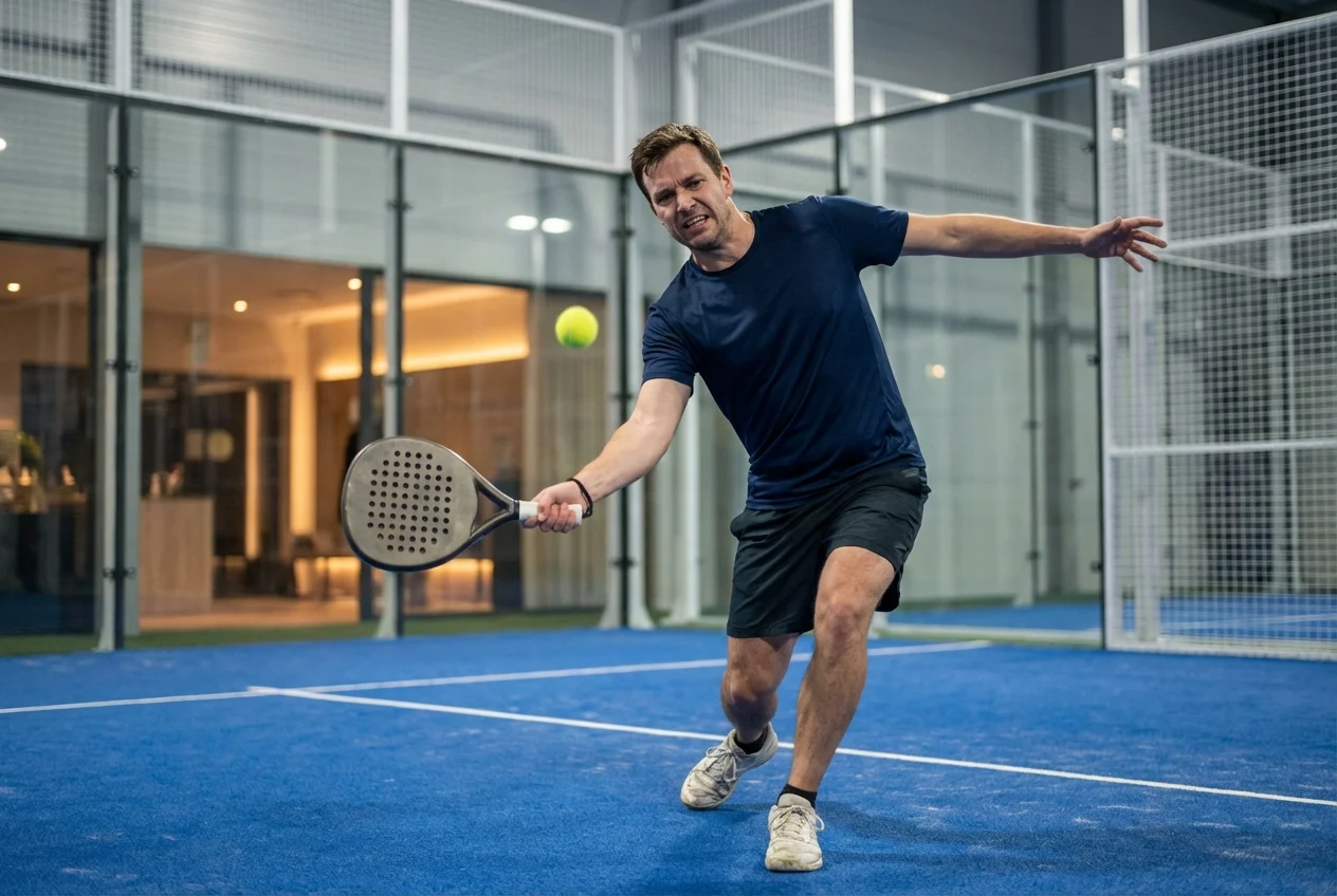 Padel beginner with an overpowered swing on an indoor court