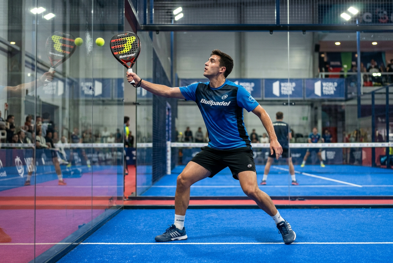 Игрок в падел выполняет контрапаред у задней стенки