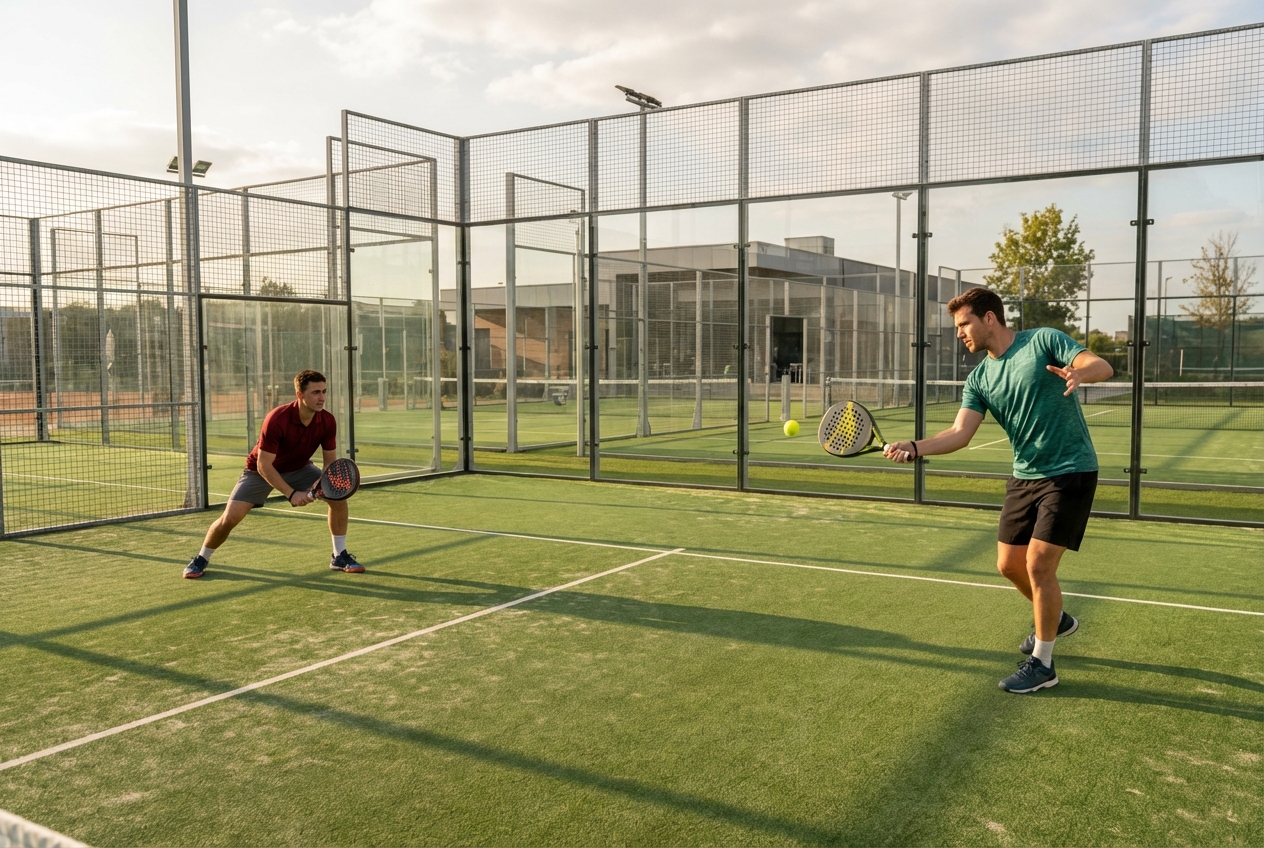 Two padel players doing a diagonal cross-court drill on an outdoor court, semi-aerial view showing the diagonal ball trajectory