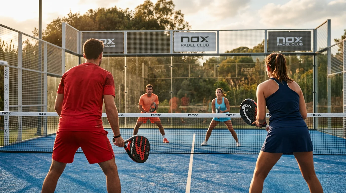 Матч в padel в парном формате на открытом корте с четырьмя игроками