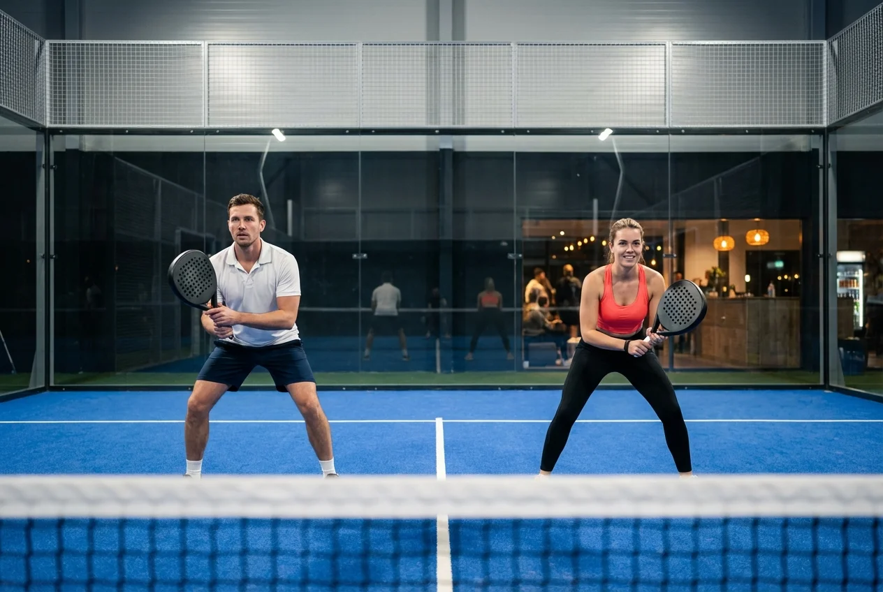 Padel duo well positioned at the net in ready position
