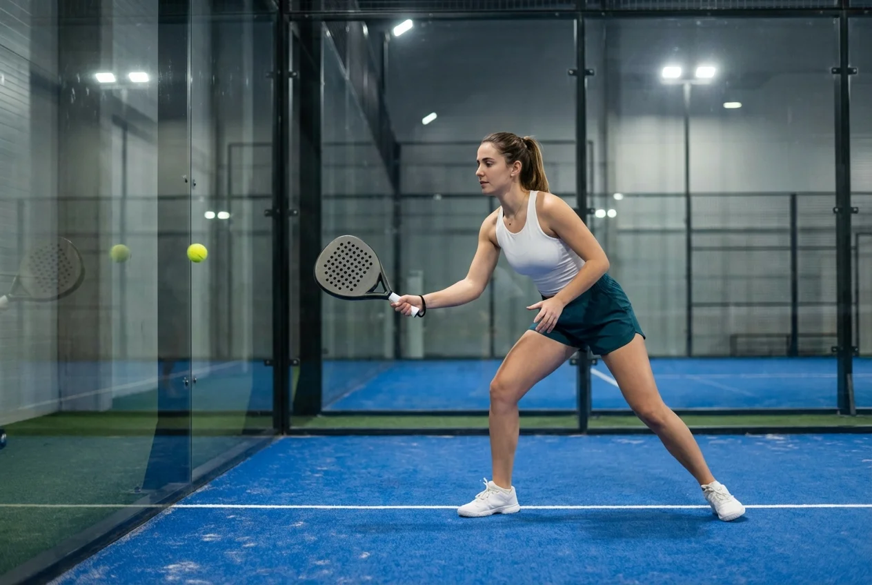 Female padel player hitting a rebound off the back glass wall
