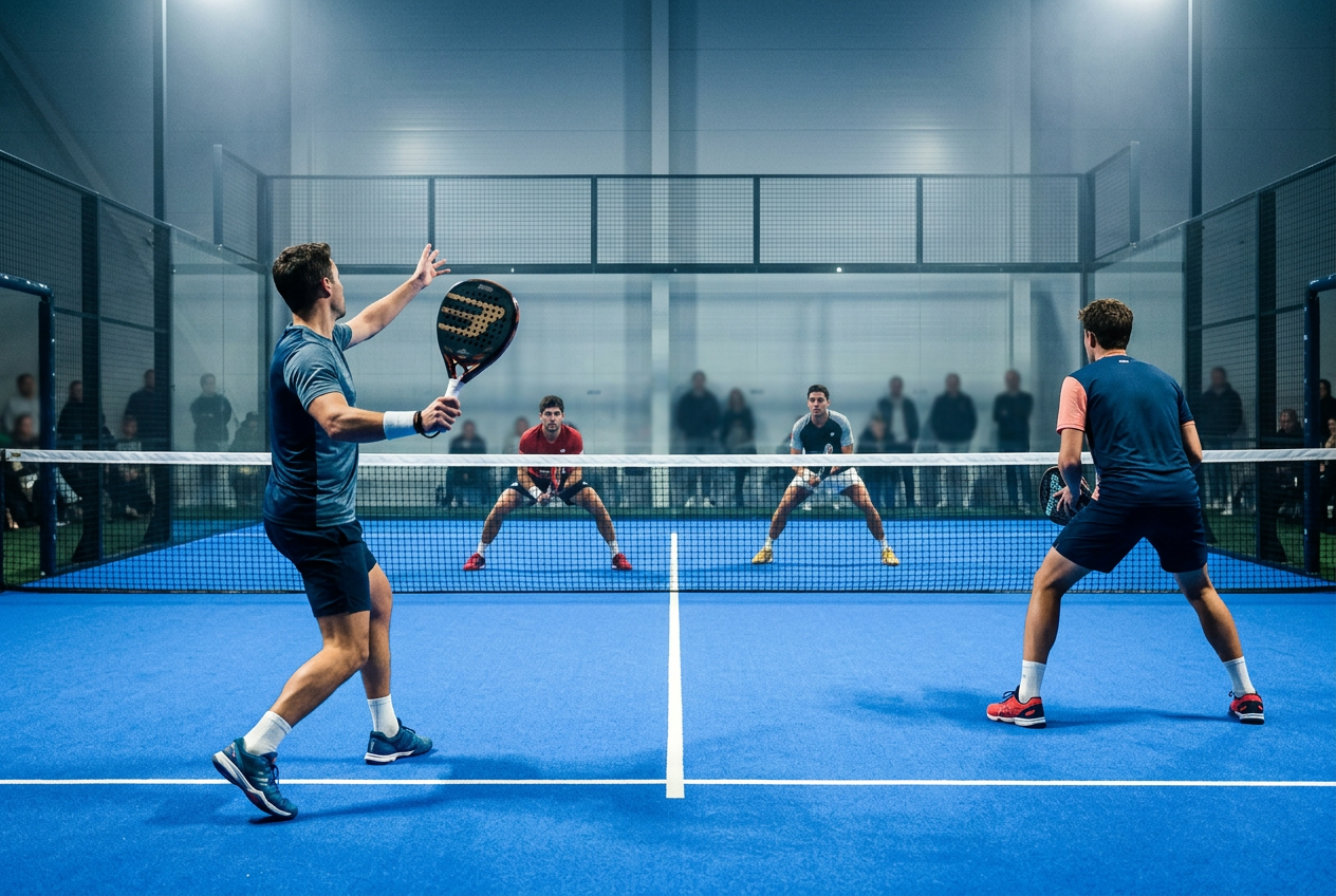 Chetyre igroka padel v obmene na krytem korte