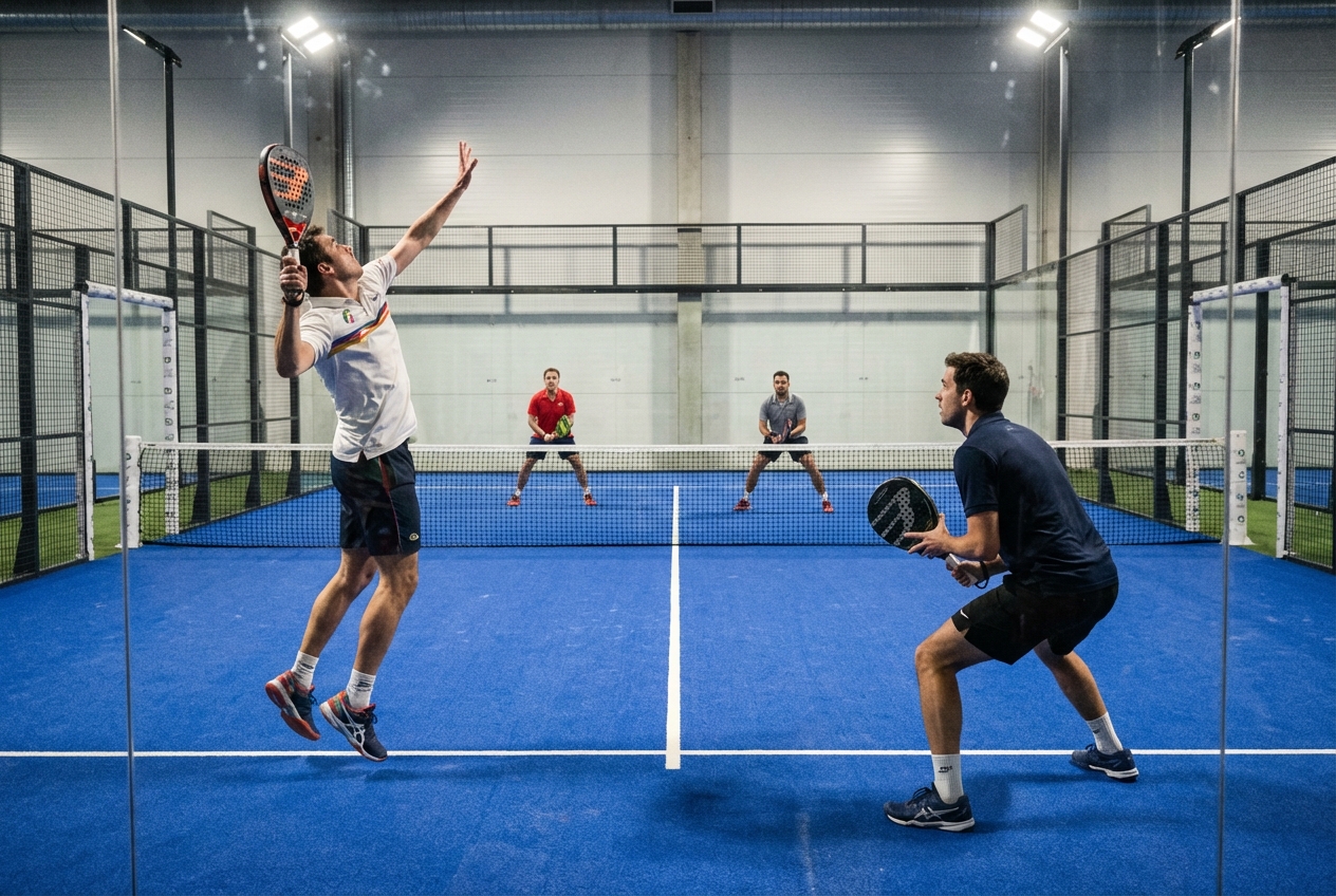 Two players positioned on a padel court, one defending on the right and the other winding up a smash on the left