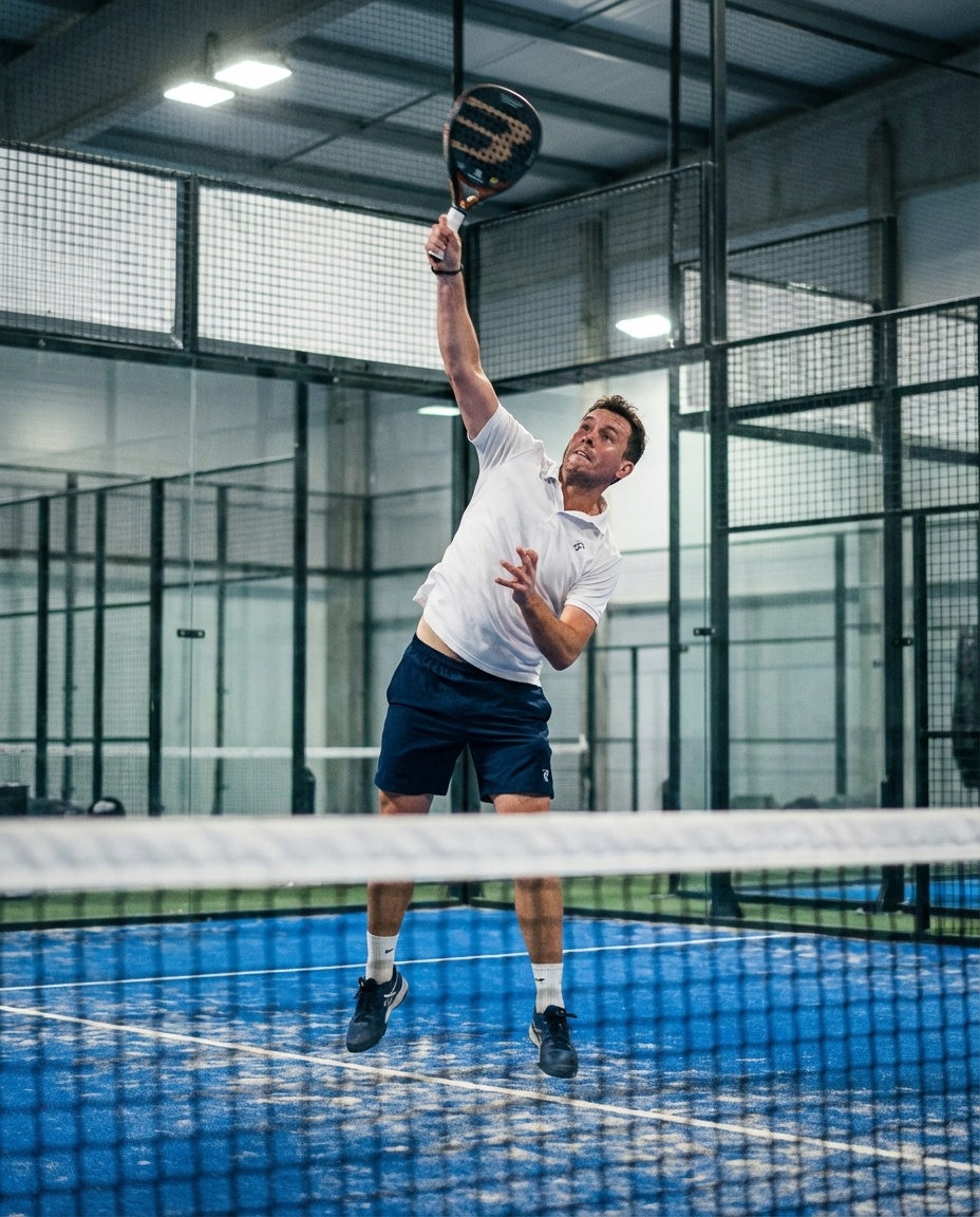 Padel player executing a powerful smash on the left side of an indoor court