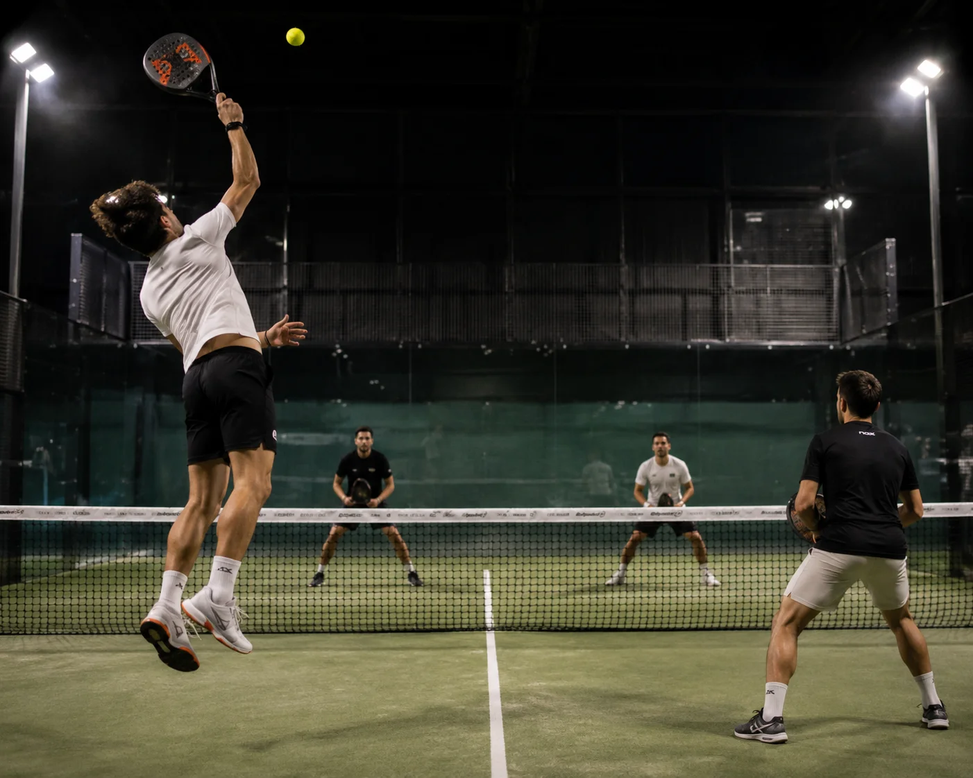 بازیکن Padel در حال smash قوی در طرف چپ زمین