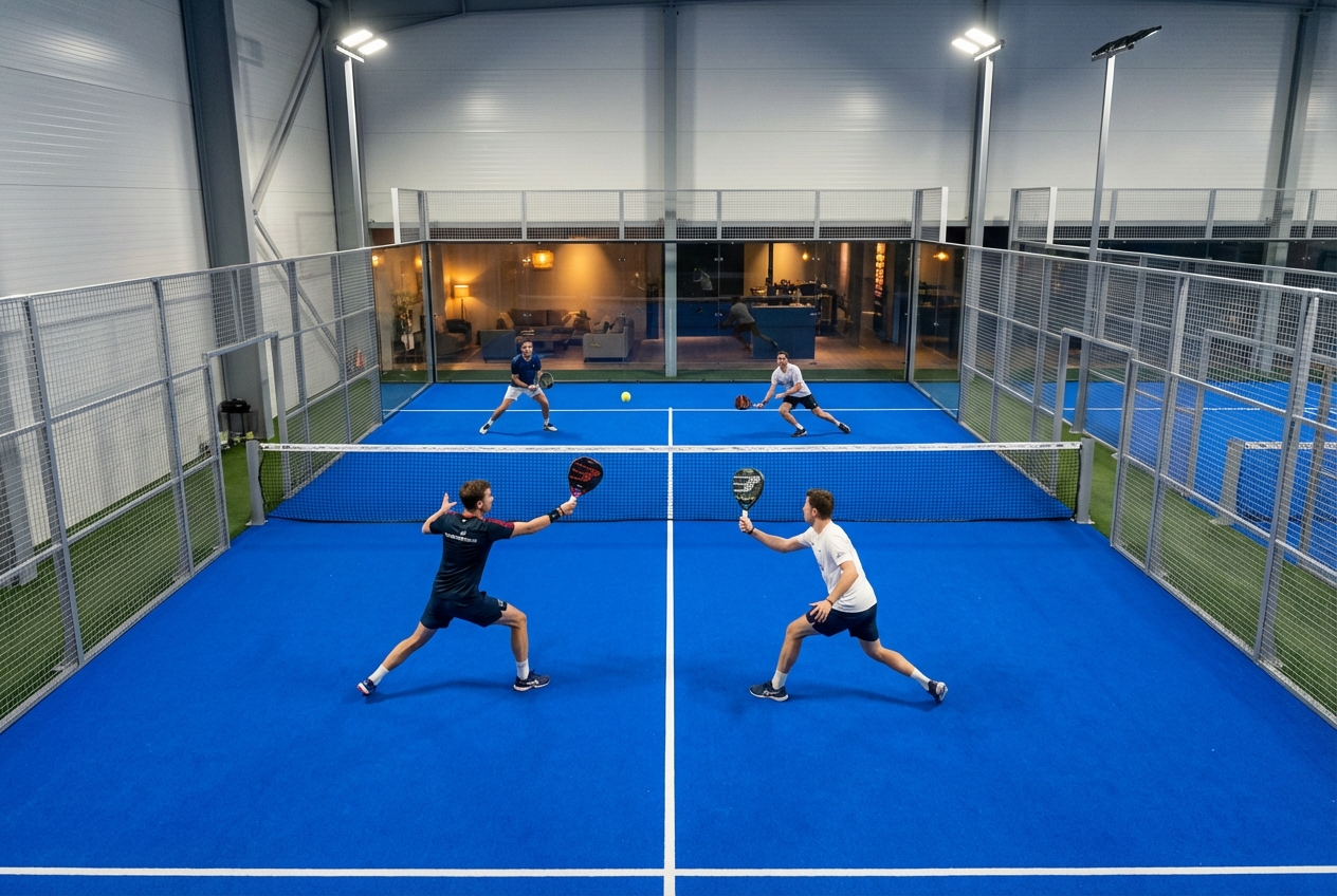 Partida de padel num campo com paredes de vidro