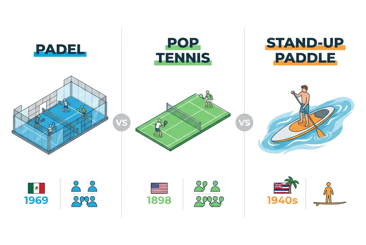Infografia comparando o padel, o paddle tennis (POP Tennis) e o stand-up paddle