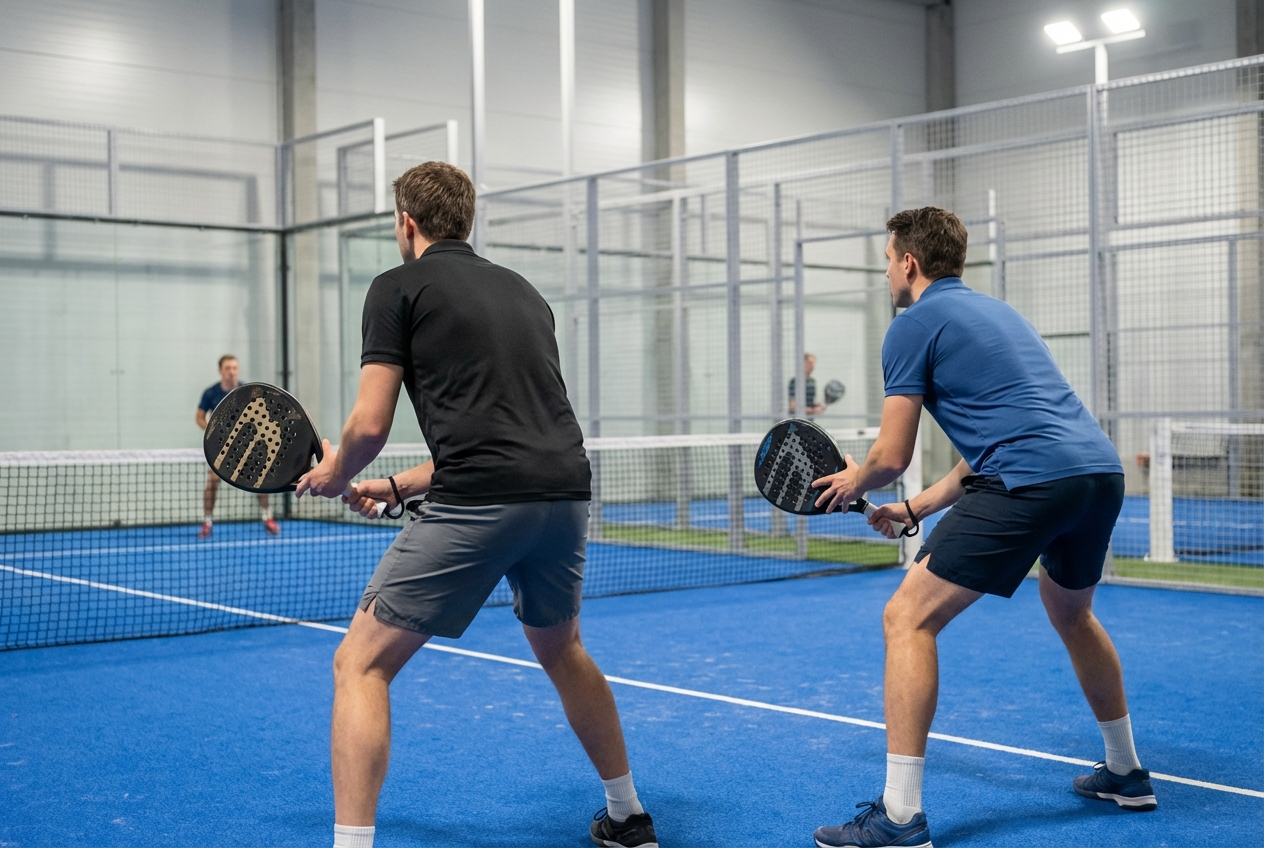 Right-handed and left-handed pair at the net with both players in forehand position at the center