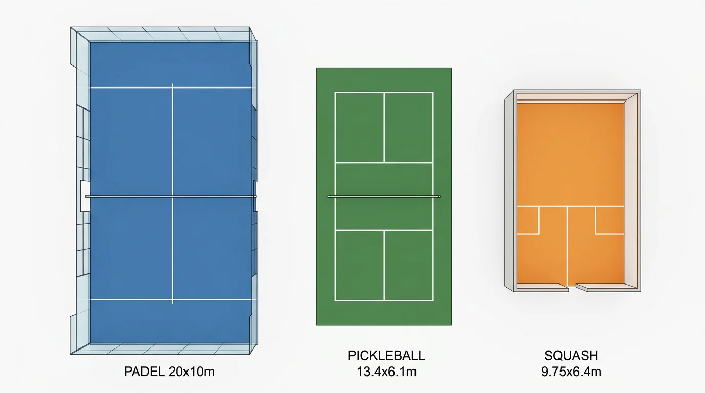 Сравнение размеров кортов для padel, pickleball и squash, вид сверху