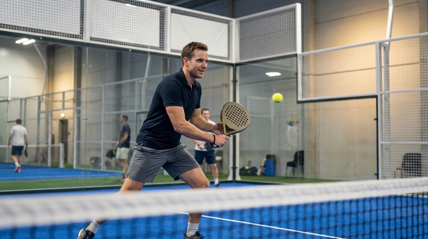 Joueur de padel testant une raquette sur un terrain