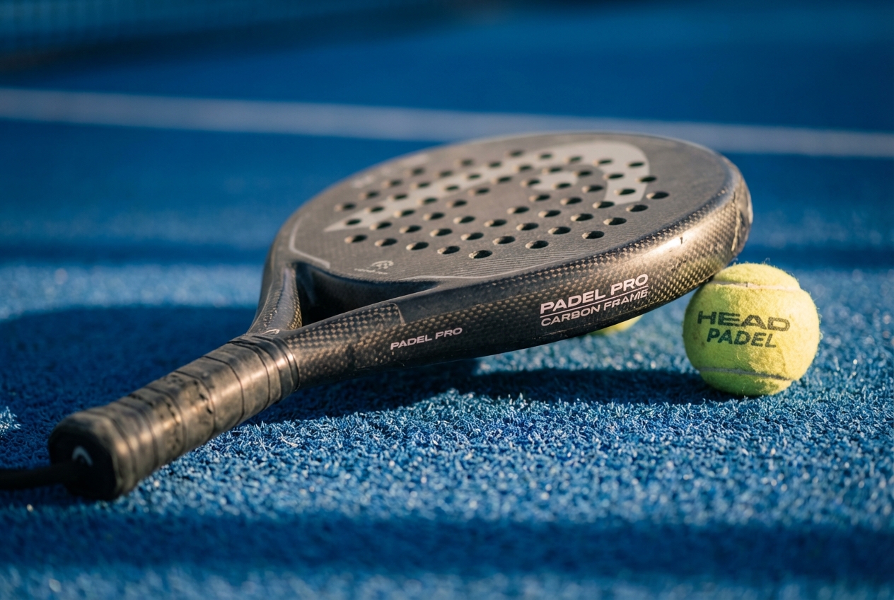 Pormenor de uma raquete de padel (pala) e uma bola num campo azul