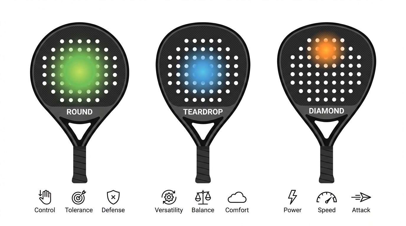 Comparaison des 3 formes de raquettes de padel : ronde, goutte d'eau et diamant