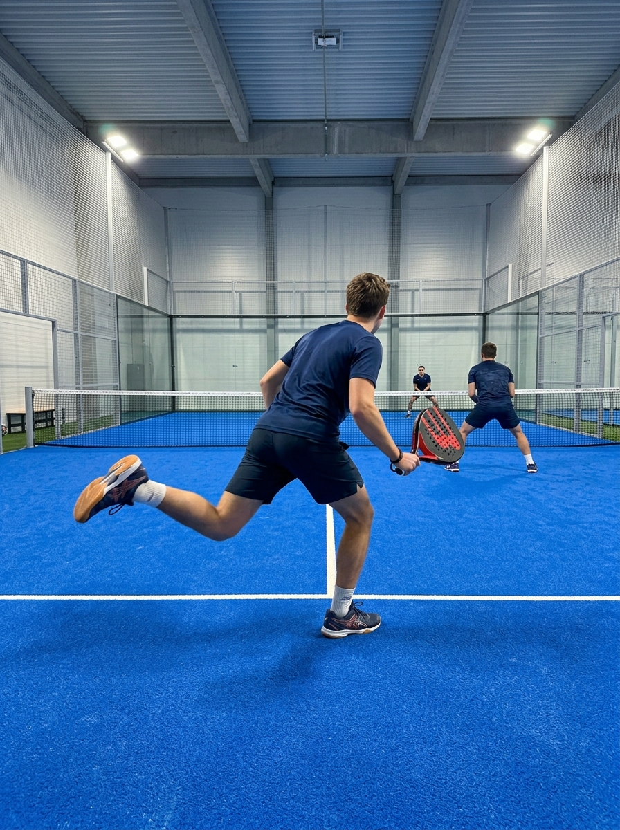 Padel player approaching the net after serving