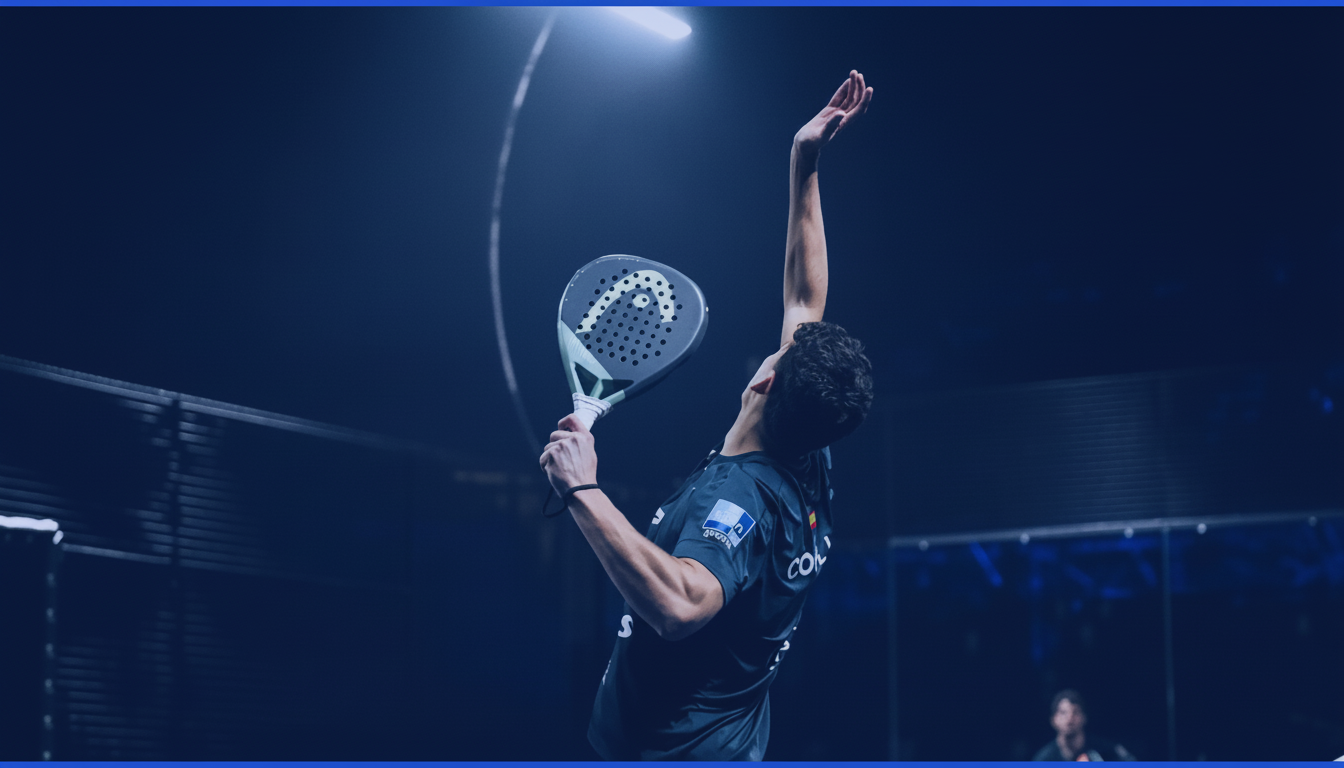 Игрок в падел выполняет смэш, тело максимально вытянуто вверх