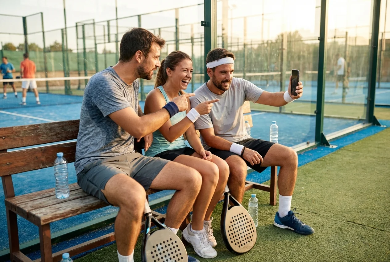 ผู้เล่น padel กำลังดูอันดับการแข่งขันบนโทรศัพท์