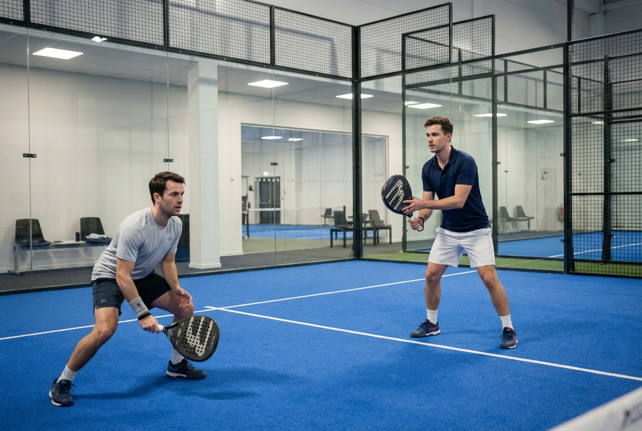 Two padel players training on an indoor court, one at the net in volley position, the other at the back defending