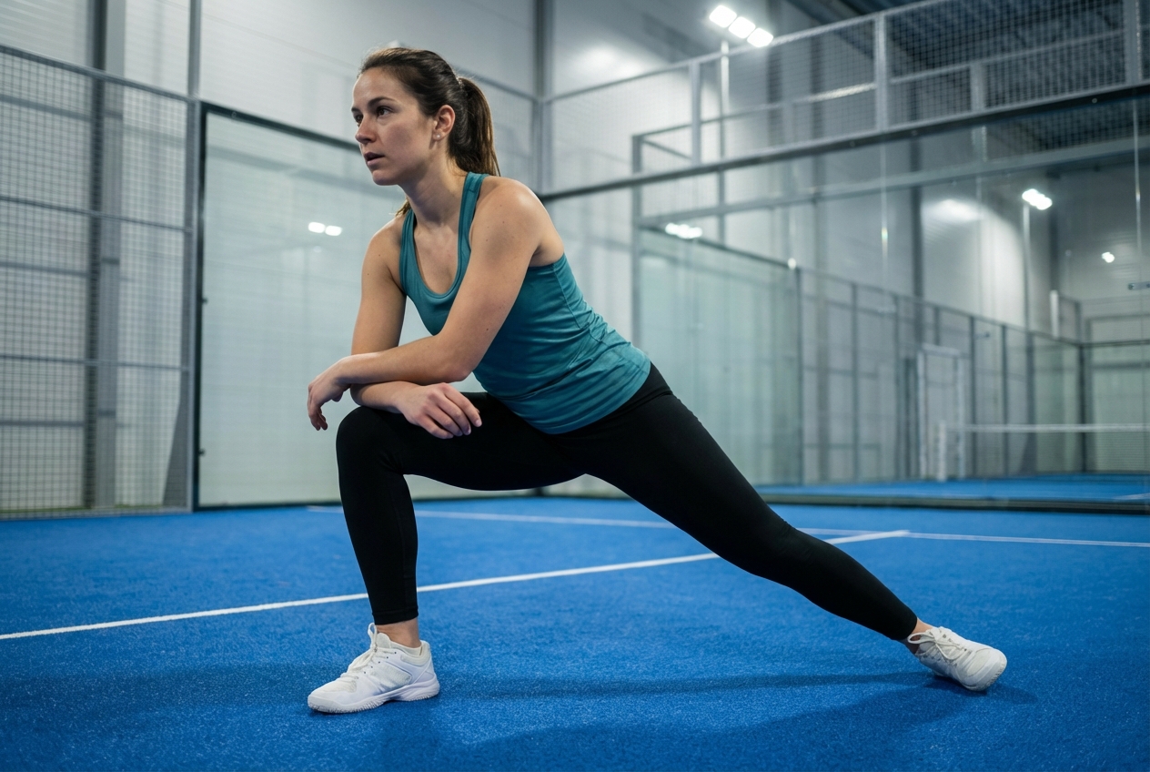 Игрок в падел выполняет динамический выпад на корте