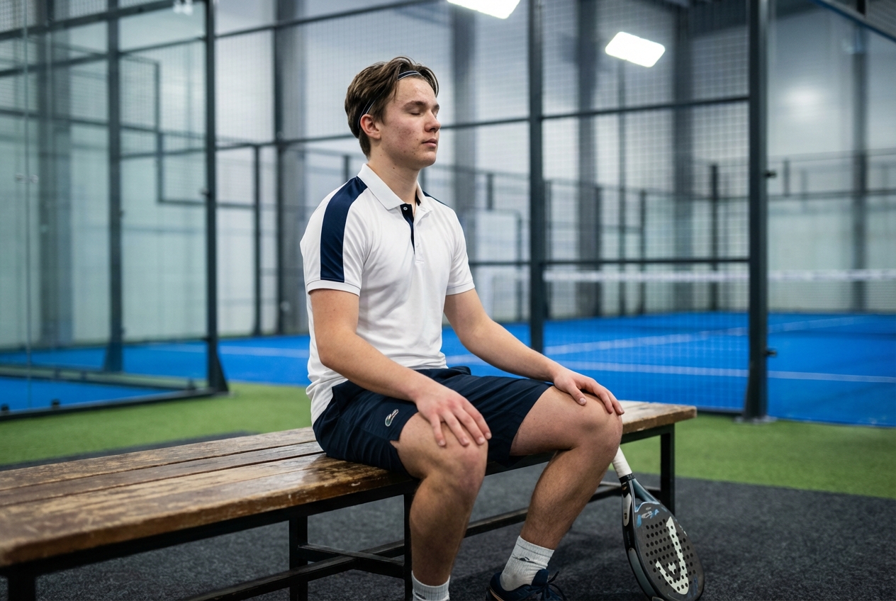 Игрок в падел сидит у края корта с закрытыми глазами, выполняя контролируемое дыхание