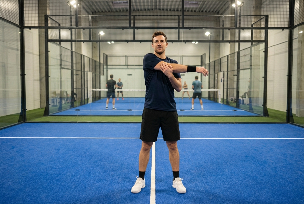 Игрок в падел разминает плечо у края корта