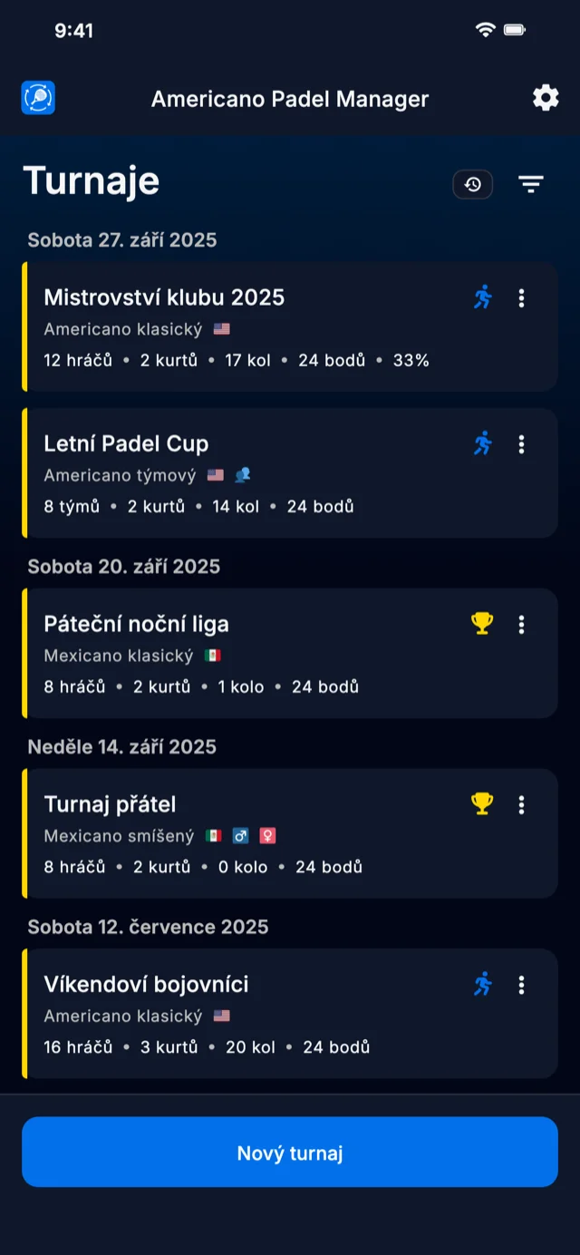 Aplikace pro správu padelových turnajů ve formátech Americano a Mexicano