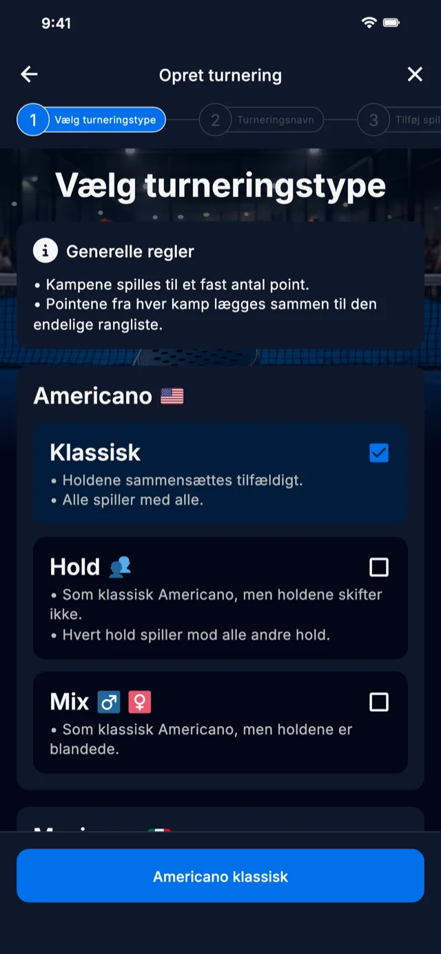 Padel turneringsformat valg for Americano og Mexicano