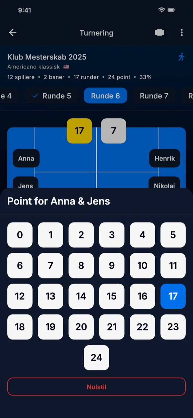 App skærmbillede der viser pointindtastning