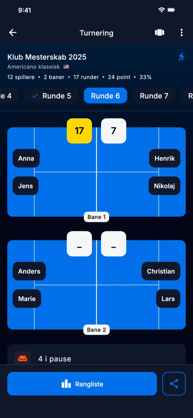 App skærmbillede der viser turneringsrunder