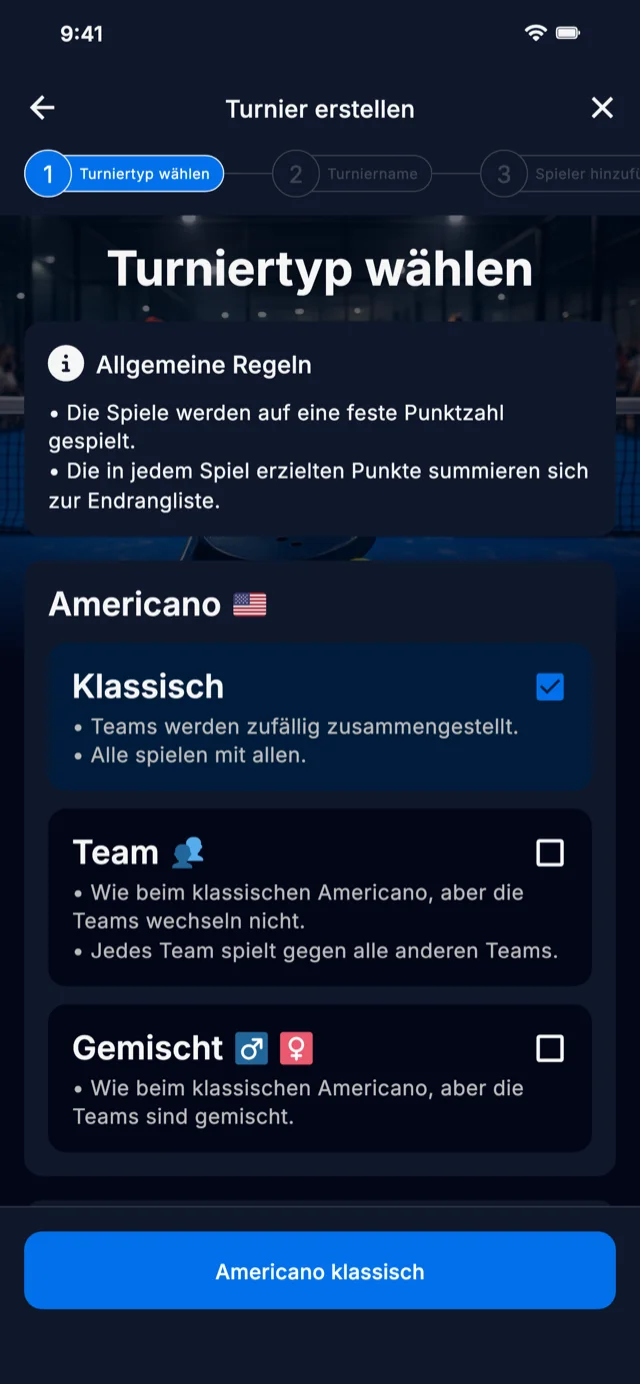 Padel-Turnierformat-Auswahl für Americano und Mexicano