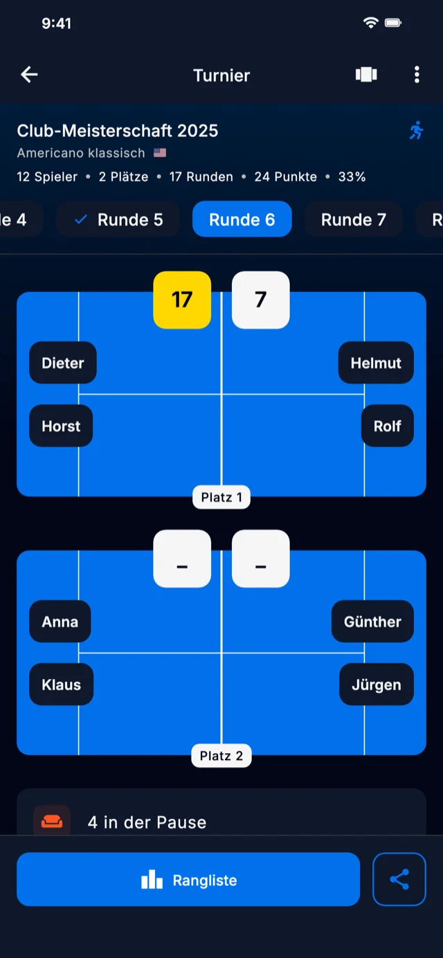 App-Screenshot mit Turnierrunden