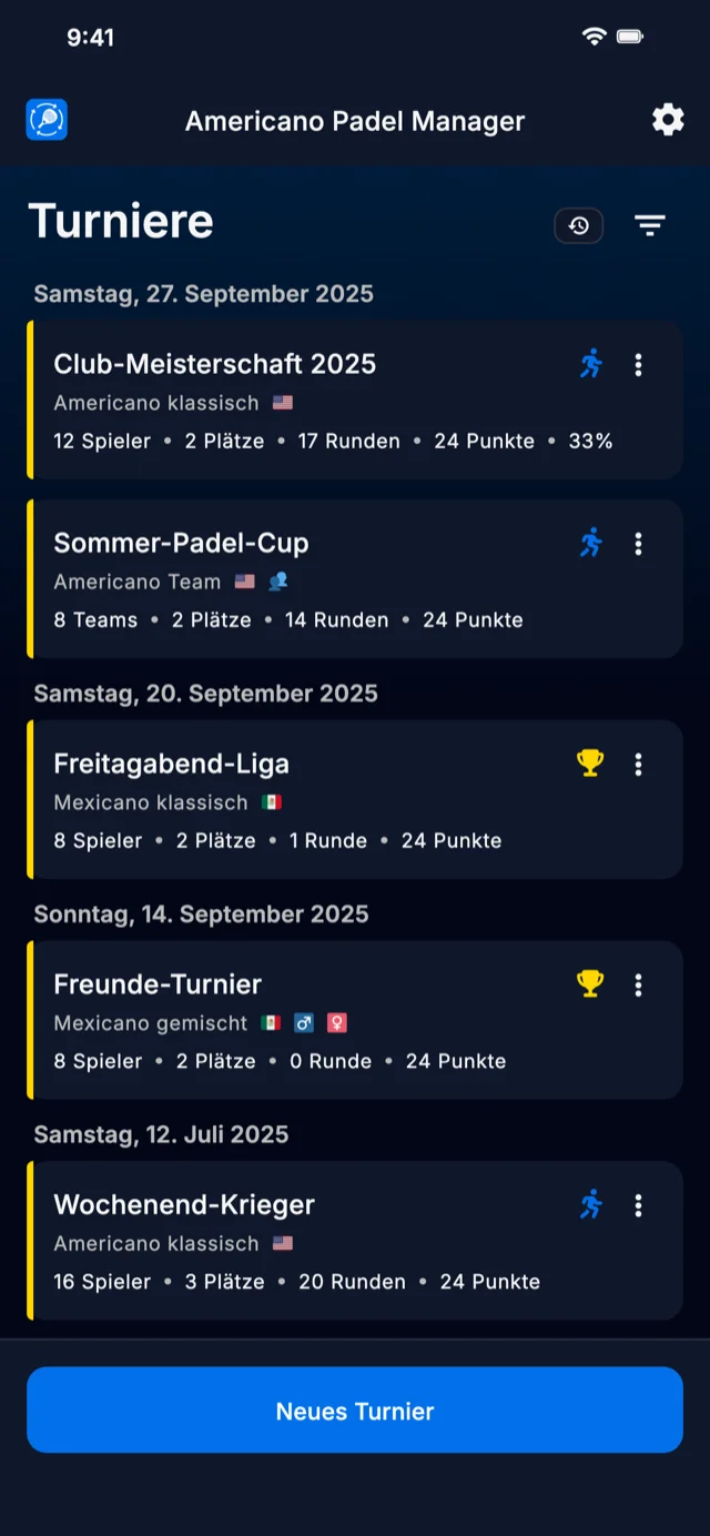 Padel-Turnier-Management-App für Americano- und Mexicano-Formate