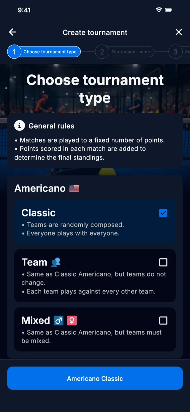 Padel tournament format selection for Americano and Mexicano