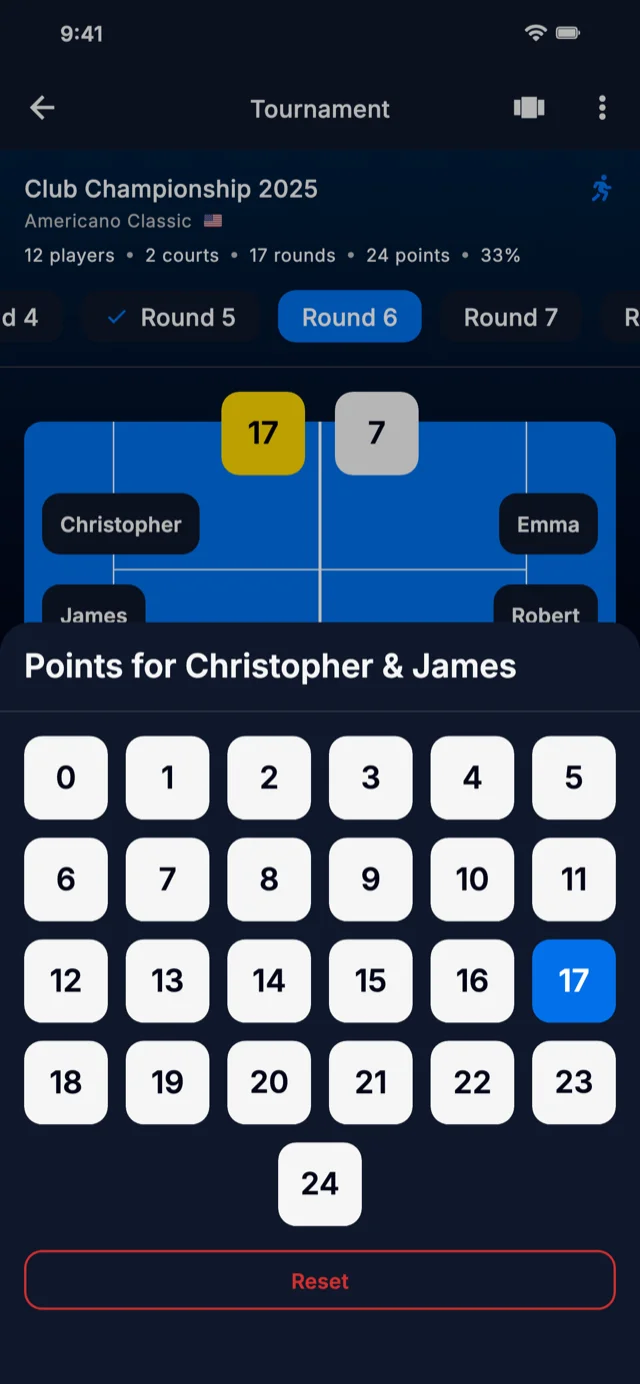 App screenshot showing score input