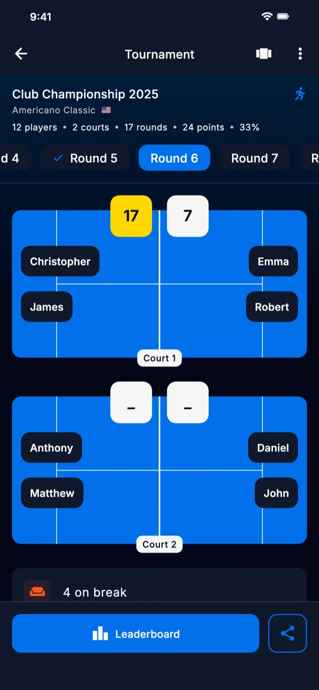 App screenshot showing tournament rounds
