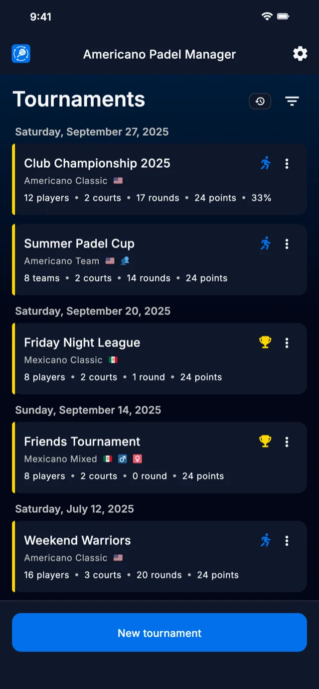Padel tournament management app for Americano and Mexicano formats