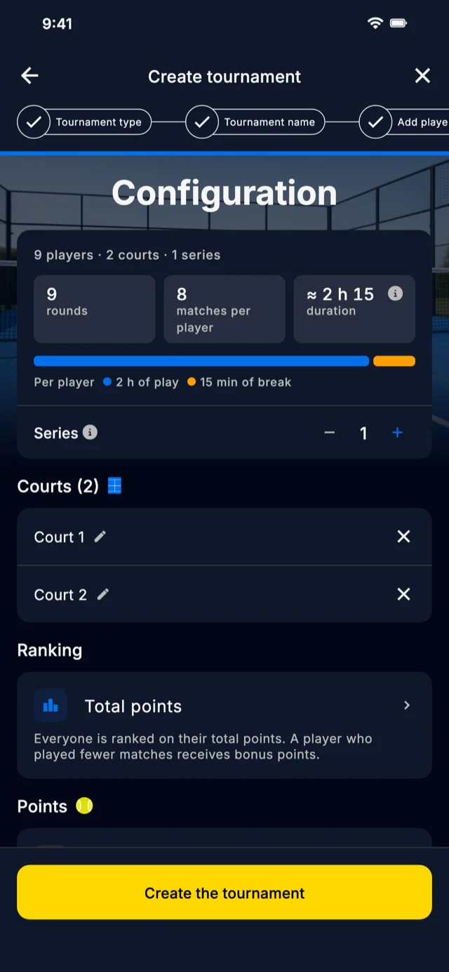 Tournament setup screen in Americano Padel Manager