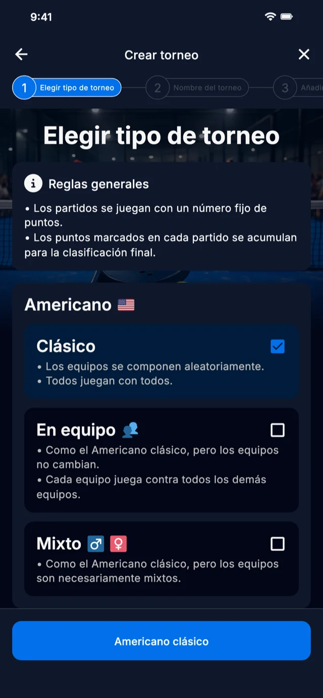 Selección de formato de torneo de pádel para Americano y Mexicano