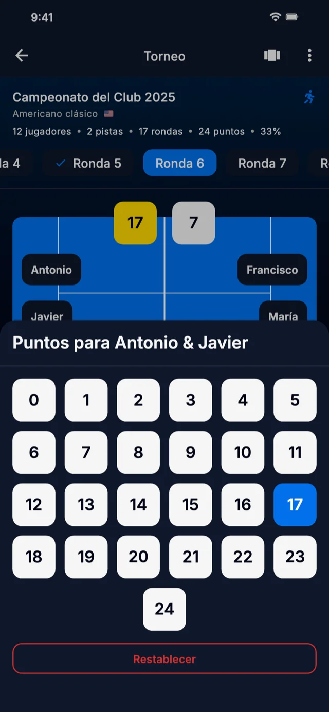Captura de pantalla de la app mostrando entrada de puntuación