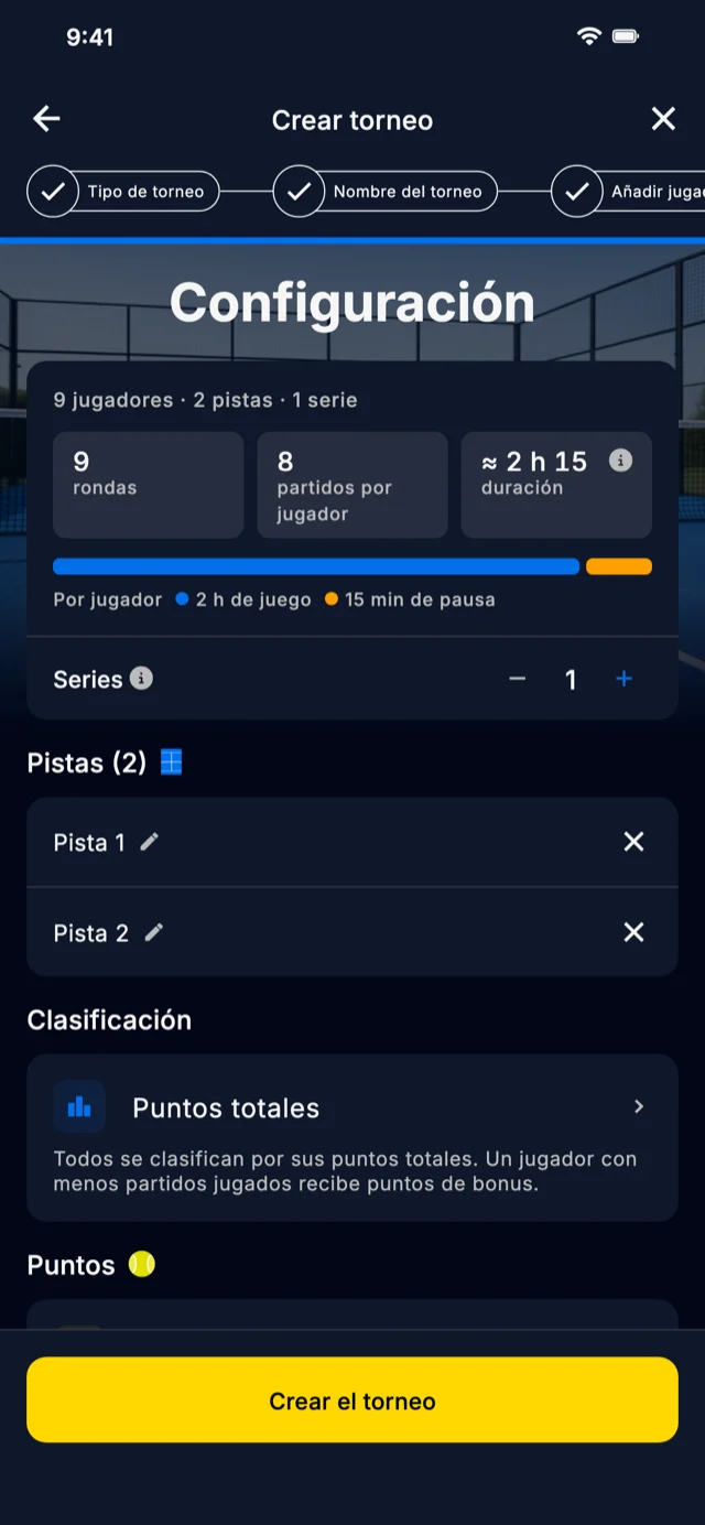 Pantalla de configuración de un torneo en Americano Padel Manager