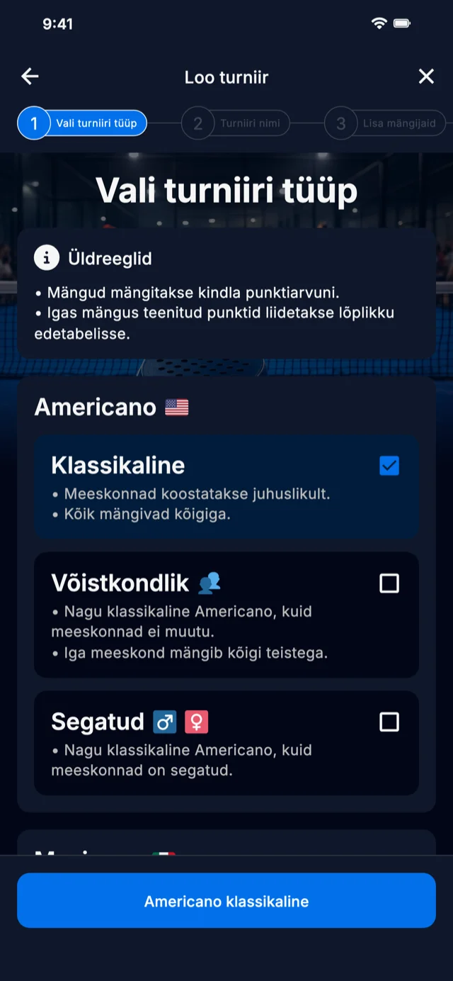 Padeli turniiri formaadi valik Americano ja Mexicano jaoks