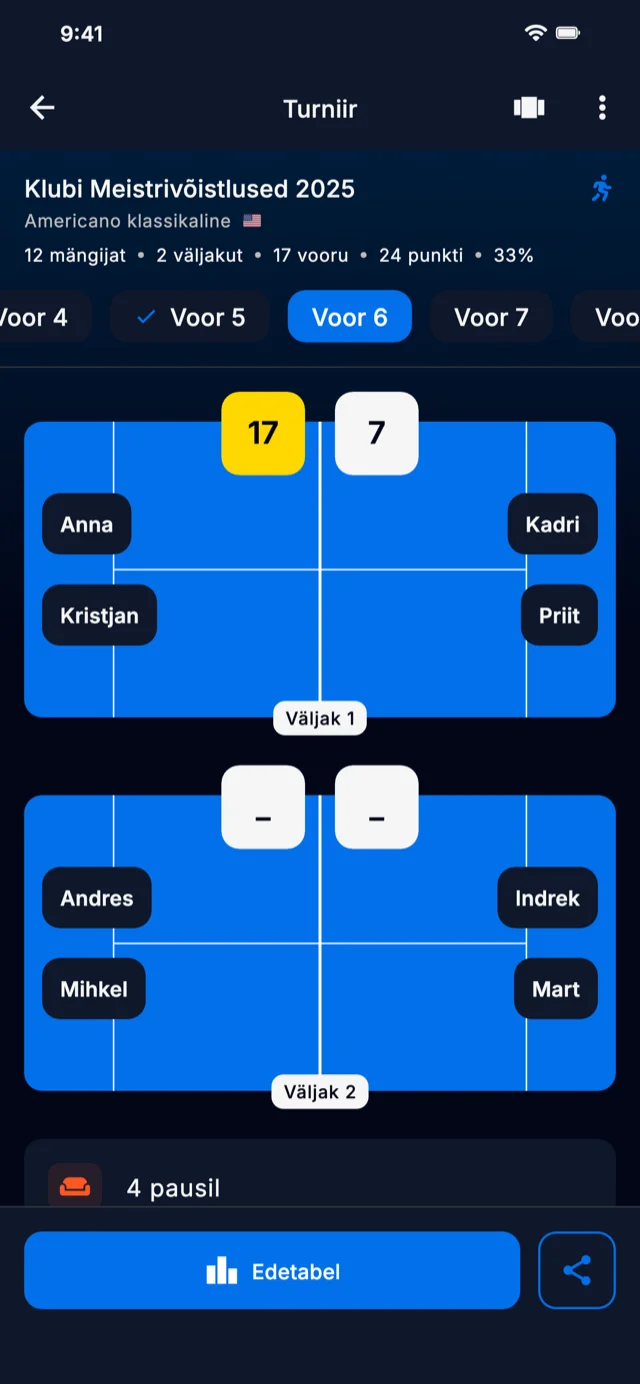 Rakenduse kuvatõmmis turniirivoorudega